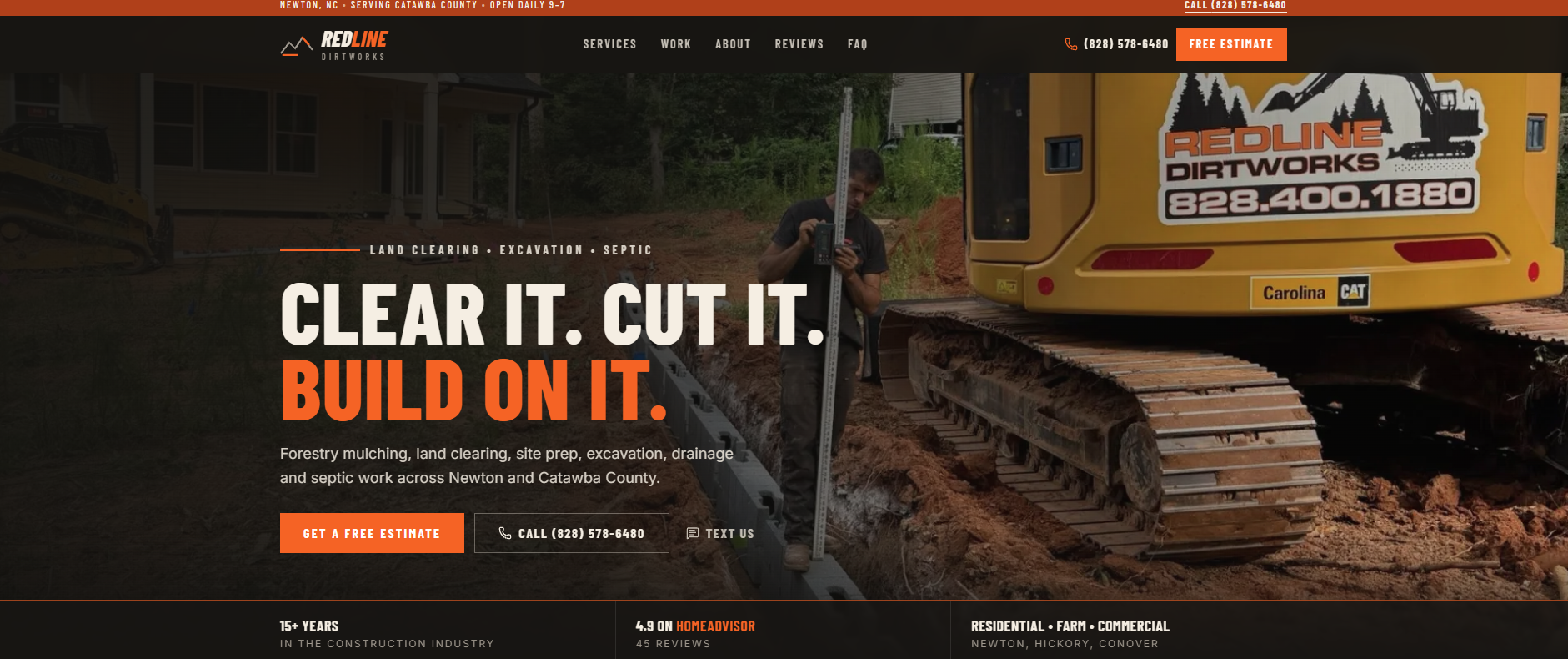 Redline Dirtworks website homepage with bold headline over an excavator working on a job site