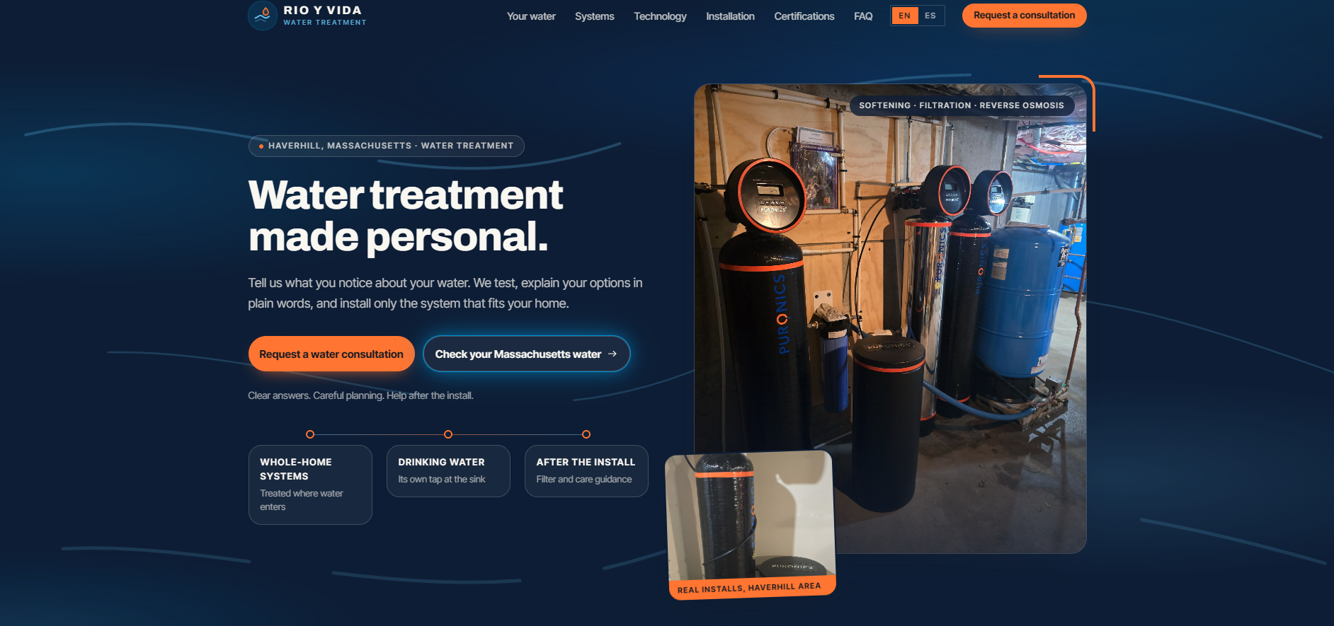 Rio y Vida Water Treatment website homepage showing installed water treatment tanks and a consultation request button