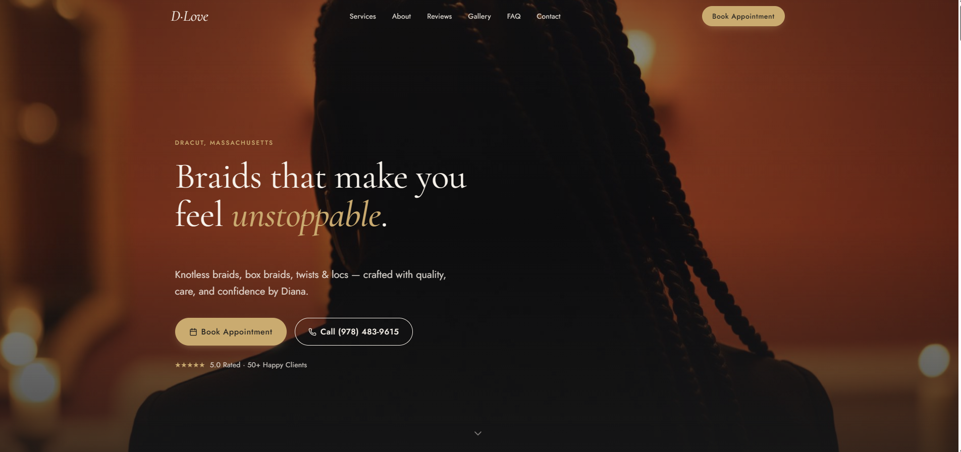 D-Love Hair Braiding website homepage with a braided hairstyle photograph and a book appointment button